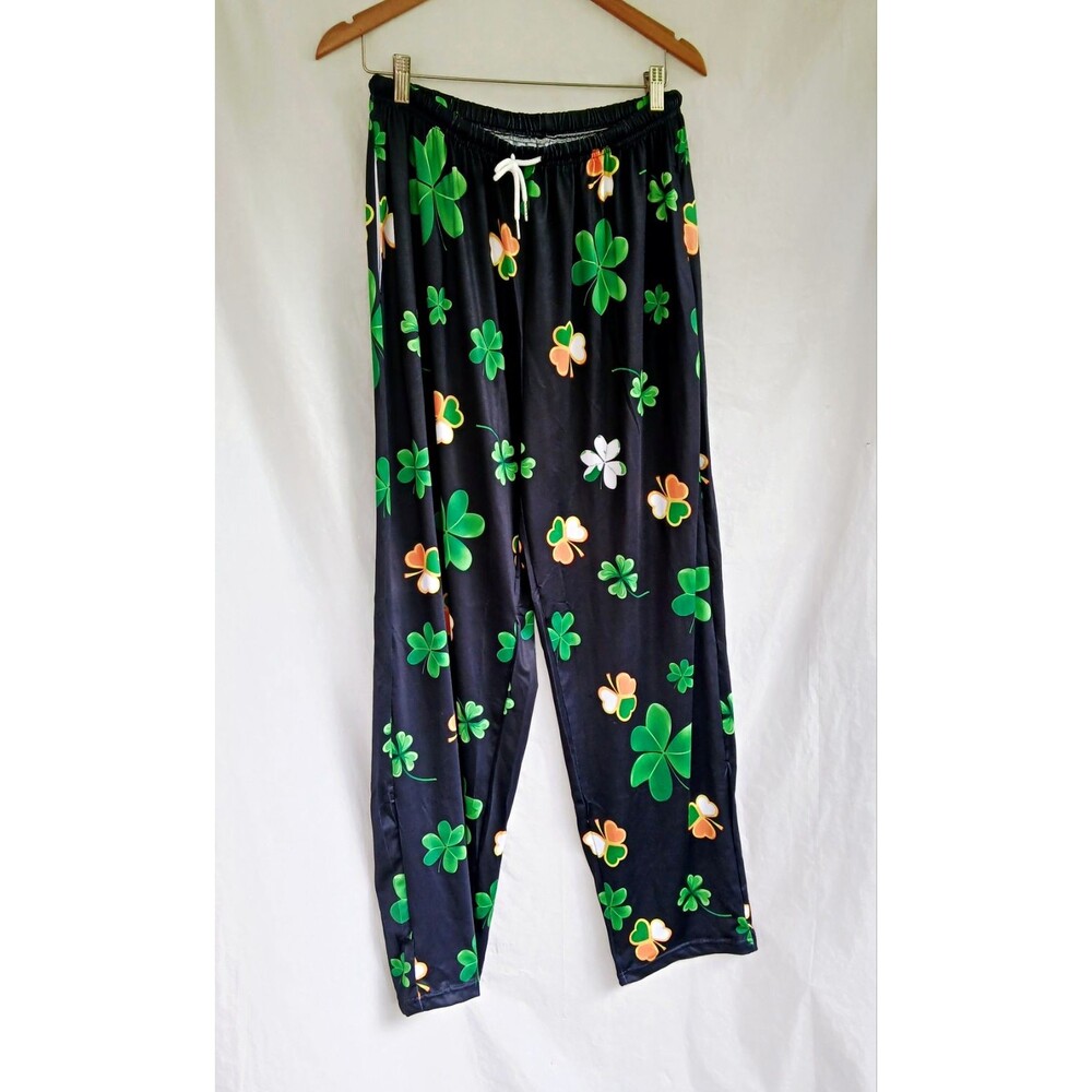 Women’s XL St. Patrick’s Day Black Clover Graphic Print Pajama Pants Drawstring